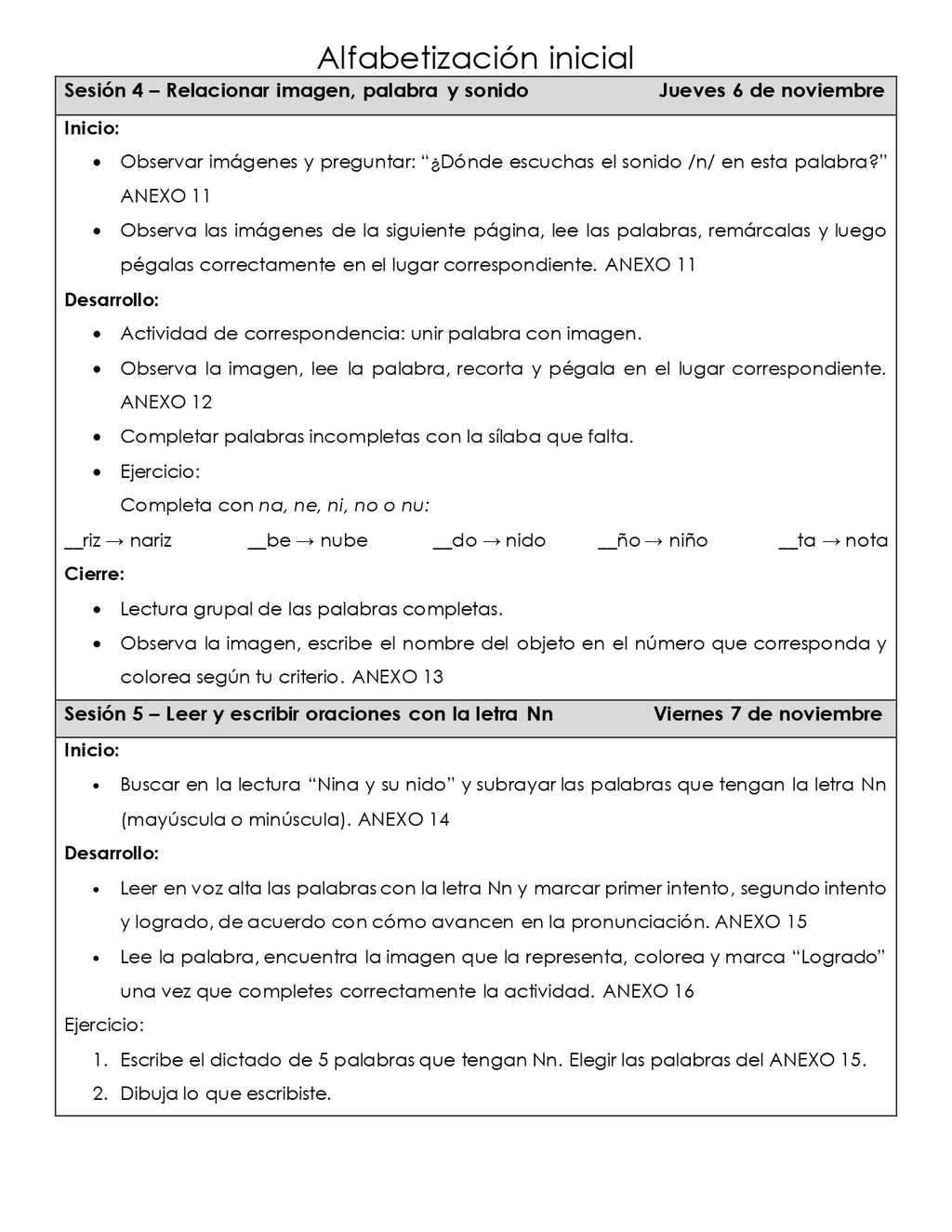 PLANEACION ALFABETIZACION Nn