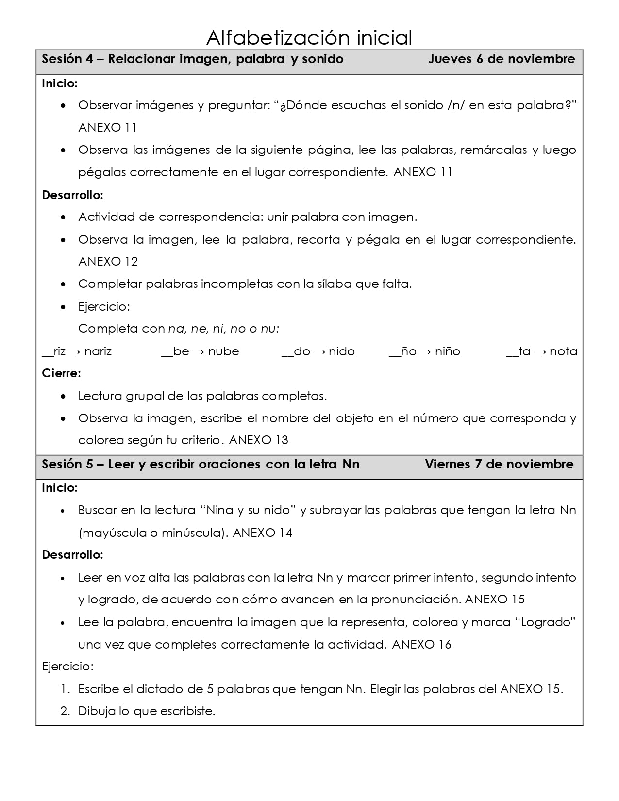 PLANEACION ALFABETIZACION Nn
